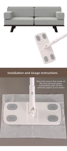Detailed guide showing disposable dust paper installation on a white flat mop head