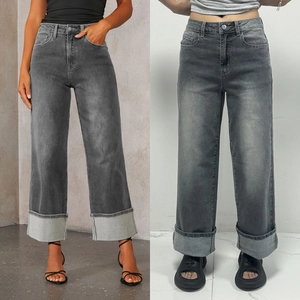 Detail comparison of gray high-waisted wide-leg jeans with large cuffed hem details