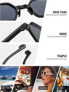 Detailed views of sunglasses featuring nose pads, hinges, temples and lifestyle usage scenes