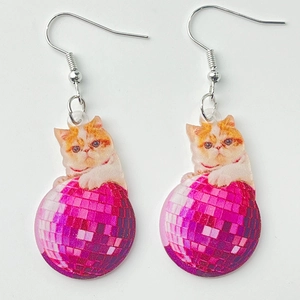 Cute Cat Dangle Earrings Acrylic With Iron Hook Pink Disco Ball Moon Alien UFO Novelty Jewelry For Women Girls
