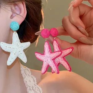 Starfish Dangle Earrings Handmade Raffia Woven Bohemian Summer Beach Vacation Jewelry For Women With Steel Earring Post