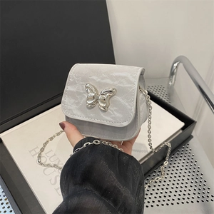 Light gray small crossbody bag with butterfly buckle and elegant silver chain strap