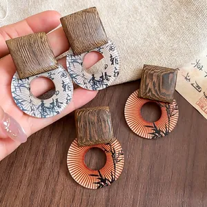 Retro square wood and resin earrings with oriental ink bamboo and calligraphy patterns