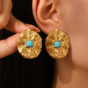 Vintage 18k gold plated hammered stainless steel earrings with square blue turquoise