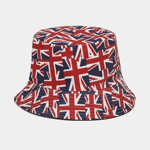 Detail of Union Jack printed bucket hat with premium stitching and thick cotton texture