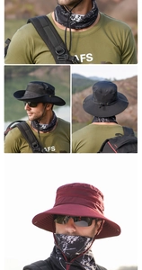 Detail of wide brim sun hat with breathable side mesh and adjustable windproof strap