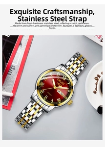 Detail of ORUSS mens quartz watch with deep red dial and gold steel bracelet