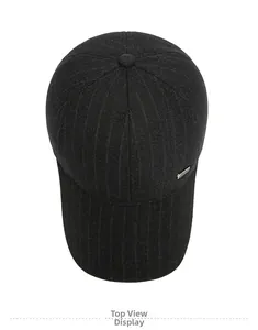 Top view of men's black pinstripe wool baseball cap with metallic side logo and six panels