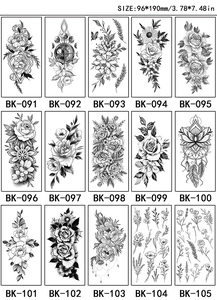 Detail view of 15 sketches of black and white flower tattoo stickers with geometric patterns