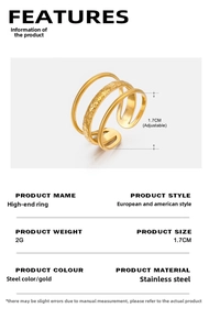 Detailed view of 18K gold plated stainless steel multi-layer adjustable open ring design