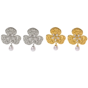 French retro clover earrings with crystals and white pearl drops in silver and gold