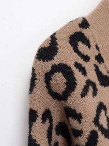 Detailed close-up showing high-density knitted leopard print fabric texture and shoulder seam
