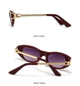 Detailed side and back view of burgundy oval sunglasses with gold metal temples