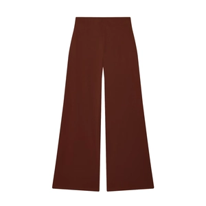 Chocolate brown high-waist wide-leg trousers with a draped finish on white background