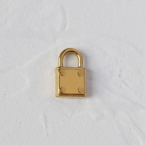 Macro view of gold plated stainless steel padlock pendant with four screw details