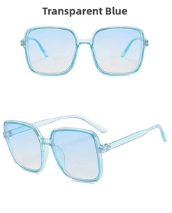 Detail view of transparent blue oversized square sunglasses with rivet accents