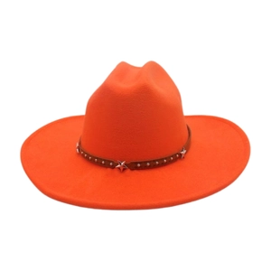 Classic bright orange wool wide-brim cowboy hat with leather studded star belt detail