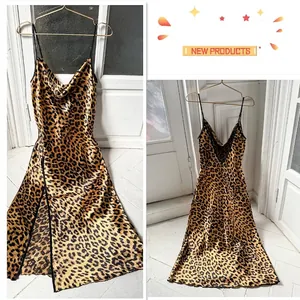 Sexy leopard print satin nightgown with adjustable spaghetti straps and side slit
