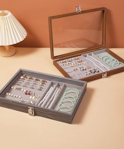 Dual-tone walnut finish jewelry boxes with transparent glass lids and velvet lining