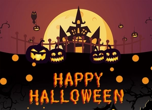 Detail of a Halloween illustration with pumpkins, castle, and Happy Halloween text
