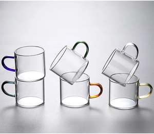Set of six heat-resistant borosilicate glass cups with vibrant colorful handles