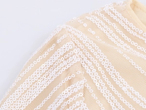 Macro detail of elegant champagne mesh fabric with shimmering white sequins for evening dress