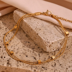 Double Layer Snake Chain Anklet 18K Gold Plated Stainless Steel Cubic Beads Minimalist Foot Jewelry For Women