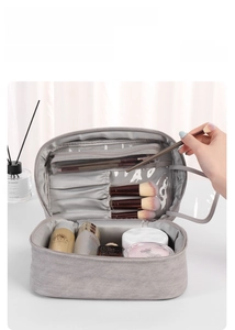 Detail of grey PU makeup bag featuring brush slots and a transparent protective cover