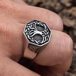 Vintage stainless steel Tree of Life signet ring for men with textured silver finish