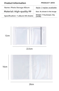 Detailed size chart for large capacity sticker storage album with PP material dimensions
