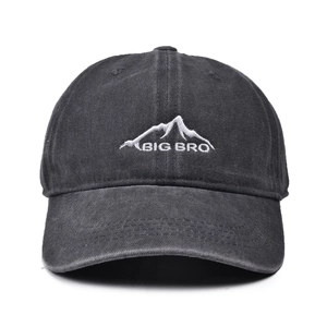 Detailed view of Big Bro mountain embroidery on washed charcoal vintage cotton baseball cap