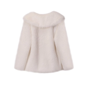 Close-up of fluffy white faux fur texture on a lapel coat with premium smooth finish