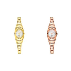 Luxurious gold and rose gold quartz watches with wavy diamond-encrusted bracelet bands