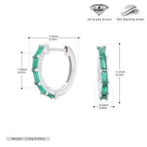 Detailed view of 925 sterling silver square emerald zircon hoop earrings with dimensions