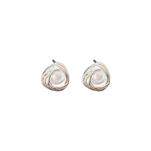 Silver swirl geometric stud earrings with white pearls on a clean white background