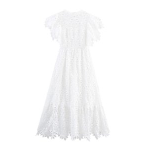 Elegante Abito Maxi In Pizzo Bianco Maniche A Volant Girocollo Vita Alta Ricamo Floreale Cavo Abito Da Festa Per Donna