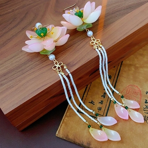 Chinese Style Lotus Tassel Earrings Pink Glass Petals White Imitation Artificial Pearl Beads Vintage Long Dangle Jewelry For Women