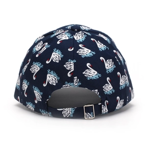 Navy blue baseball cap with swan print and adjustable metal buckle on white background