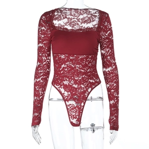 Detailed view of dark red floral lace bodysuit with elegant matching fabric paneling