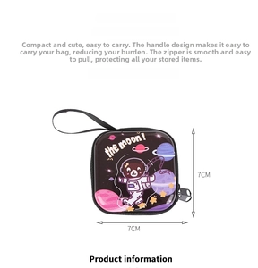 Detailed view of square astronaut tin coin purse with zipper and 7x7cm size markings