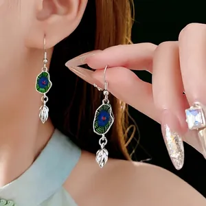 Artistic lotus leaf enamel earrings in silver with blue and green gradient finish