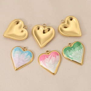 Set of six heart pendants with gold plating and colorful marble enamel inlays