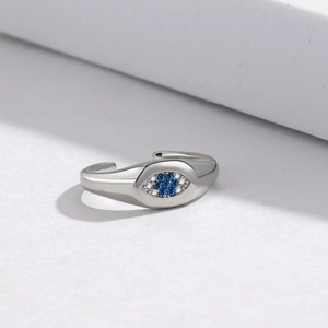 Adjustable S925 silver evil eye ring with sparkling blue and white cubic zirconia