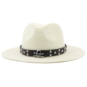 Men's and women's beige straw fedora hat with a black leather studded skull band