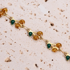 Fashion lucky cherry bracelet with glitter resin fruits and green enamel leaves for women
