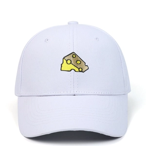 Close-up of cheese embroidery on a white cotton baseball cap with stitched brim detail