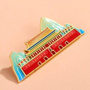 Exquisite Tiananmen Square enamel metal badge with red gold architectural details