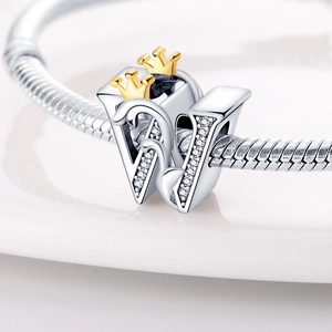 Macro shot of silver letter W charm with gold crowns and crystals on snake chain