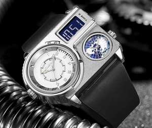Macro shot of Oulm dual-display sports watch face with digital window and globe sub-dial