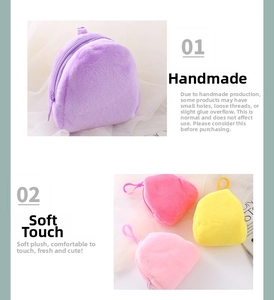 Detail view of colorful plush mini backpack wallets with zipper and plastic hanging hook